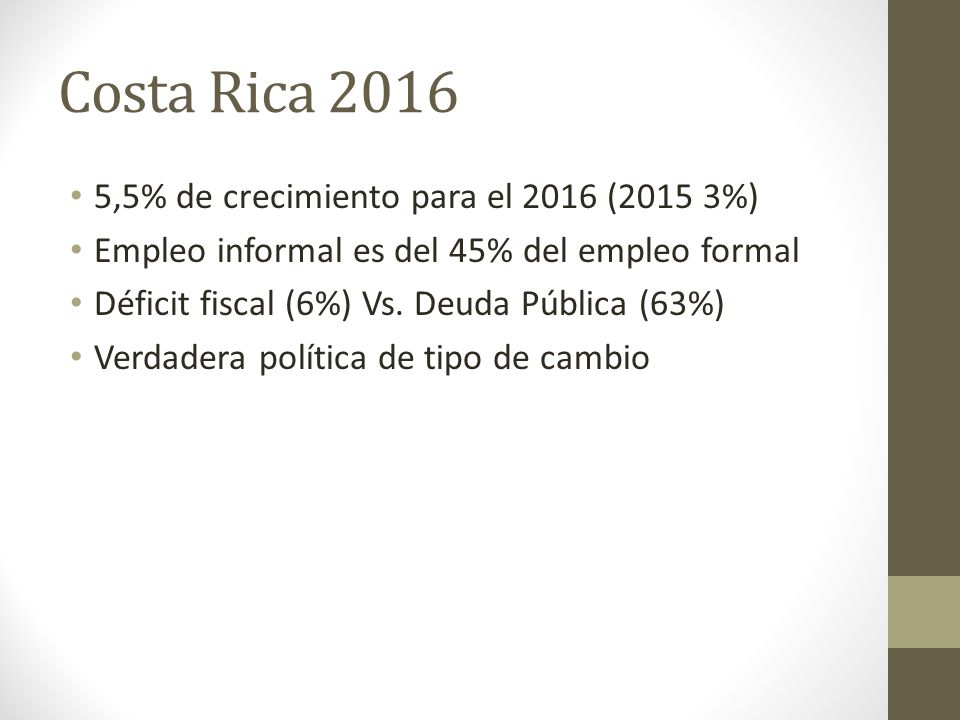 Costa Rica ,5% de crecimiento para el 2016 (2015 3%)