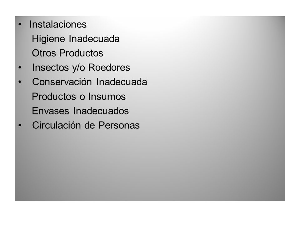 Instalaciones Higiene Inadecuada. Otros Productos. Insectos y/o Roedores. Conservación Inadecuada.