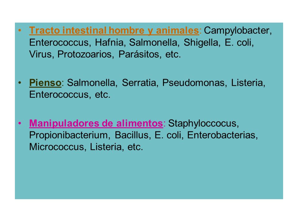 Tracto intestinal hombre y animales: Campylobacter, Enterococcus, Hafnia, Salmonella, Shigella, E. coli, Virus, Protozoarios, Parásitos, etc.