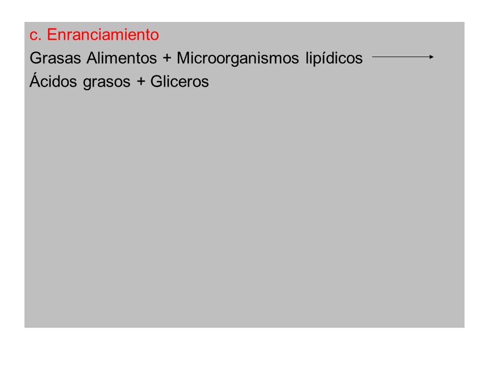 c. Enranciamiento Grasas Alimentos + Microorganismos lipídicos Ácidos grasos + Gliceros