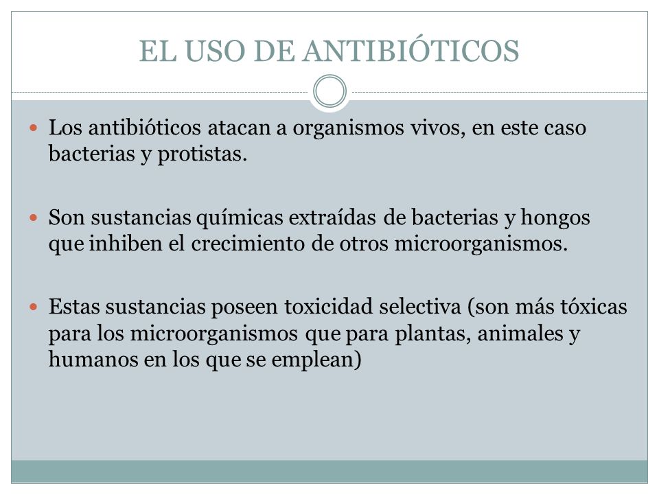 EL USO DE ANTIBIÓTICOS Los antibióticos atacan a organismos vivos, en este caso bacterias y protistas.