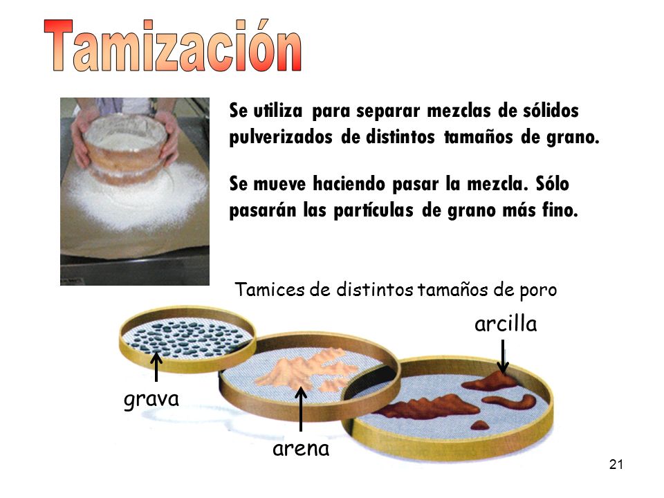 Tamización Se utiliza para separar mezclas de sólidos pulverizados de distintos tamaños de grano.