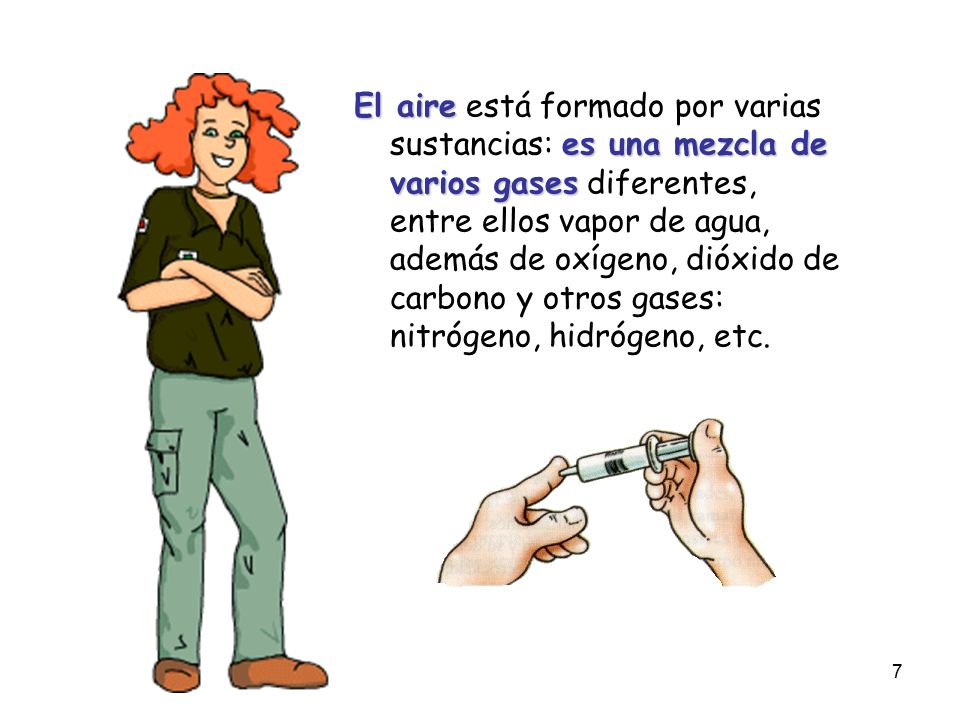 El aire está formado por varias sustancias: es una mezcla de varios gases diferentes, entre ellos vapor de agua, además de oxígeno, dióxido de carbono y otros gases: nitrógeno, hidrógeno, etc.