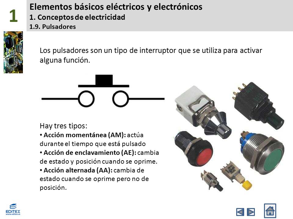 1 Elementos básicos eléctricos y electrónicos 1. Conceptos de electricidad 1.9. Pulsadores.