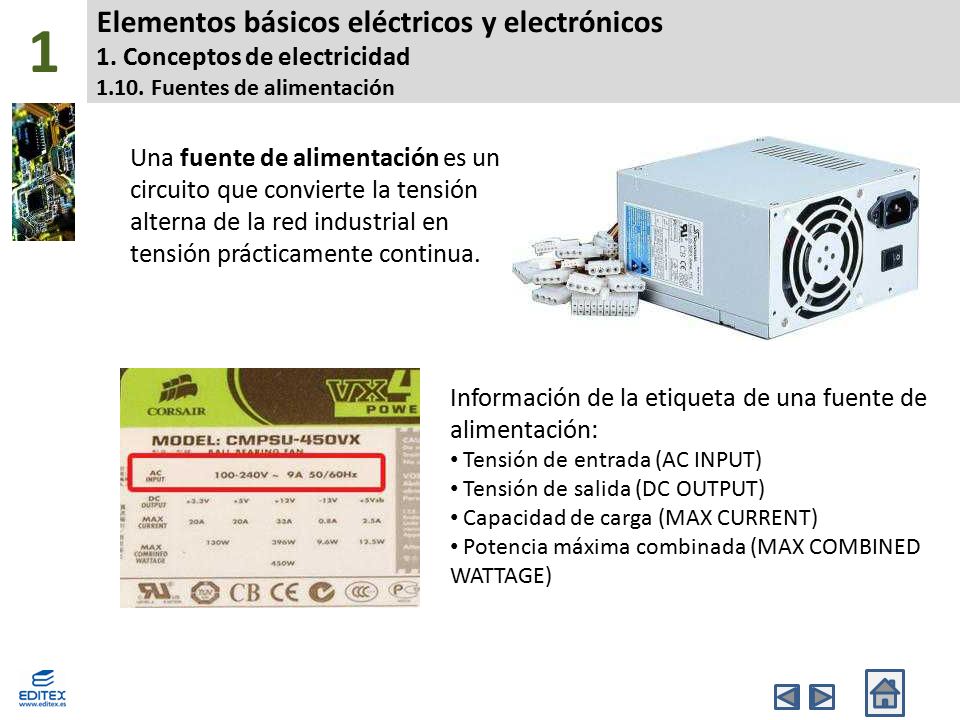1 Elementos básicos eléctricos y electrónicos 1. Conceptos de electricidad Fuentes de alimentación.