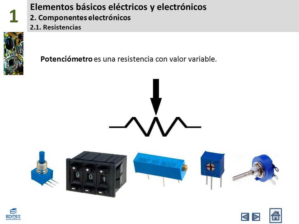 1 Elementos básicos eléctricos y electrónicos 2. Componentes electrónicos 2.1. Resistencias. Potenciómetro es una resistencia con valor variable.