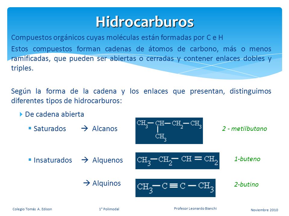 Hidrocarburos Compuestos orgánicos cuyas moléculas están formadas por C e H.