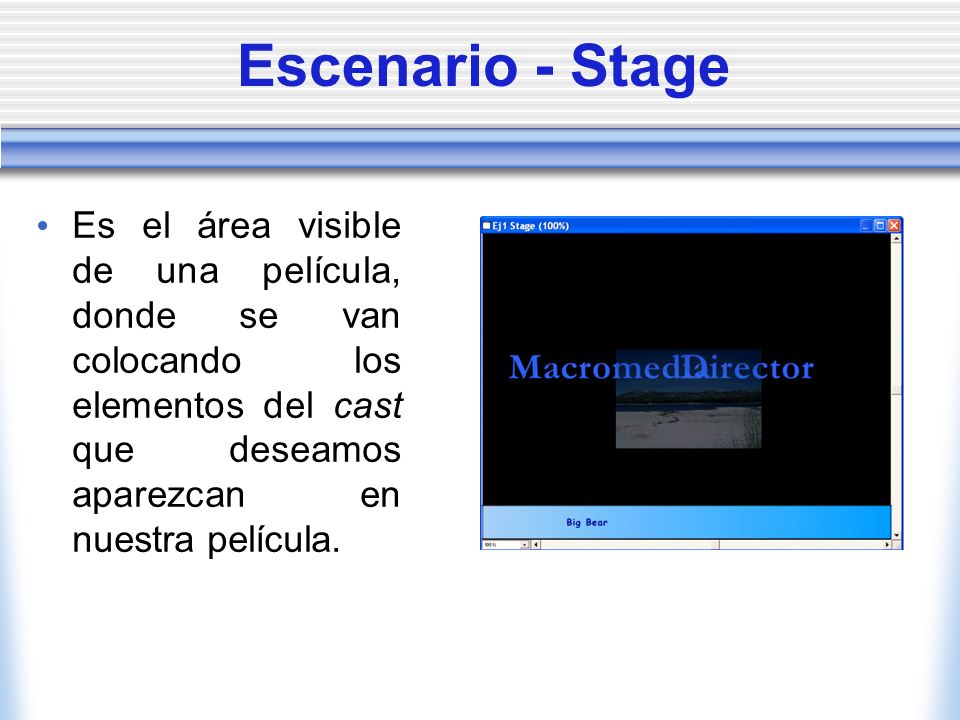 Escenario - Stage Es el área visible de una película, donde se van colocando los elementos del cast que deseamos aparezcan en nuestra película.