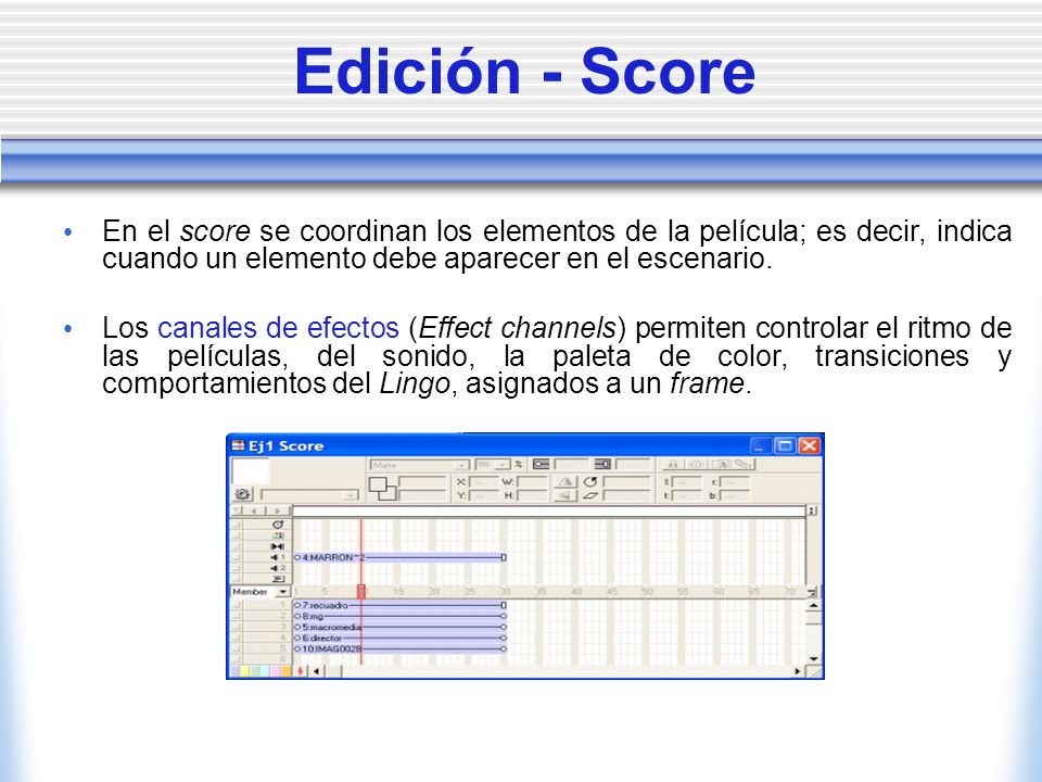 Edición - Score En el score se coordinan los elementos de la película; es decir, indica cuando un elemento debe aparecer en el escenario.
