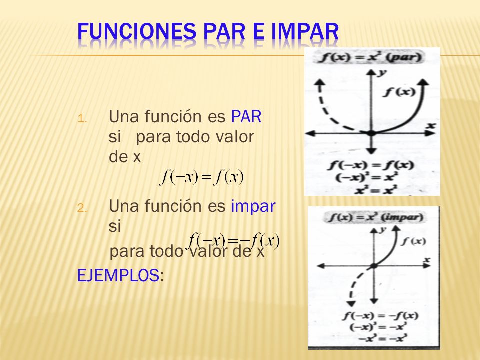 FUNCIONES PAR E IMPAR Una función es PAR si para todo valor de x