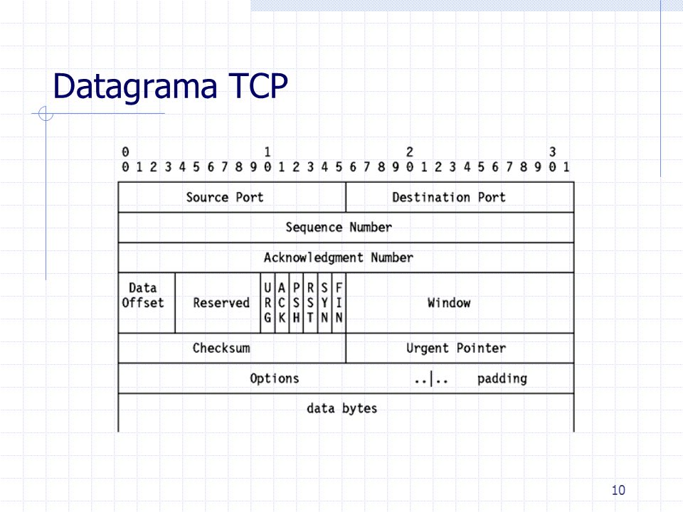 Datagrama TCP Puerto fuente (16 bits). Puerto de la máquina origen. Al igual que el puerto destino es necesario para identificar la conexión actual.