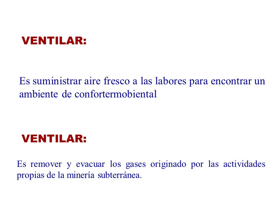 VENTILAR: Es suministrar aire fresco a las labores para encontrar un ambiente de confortermobiental.