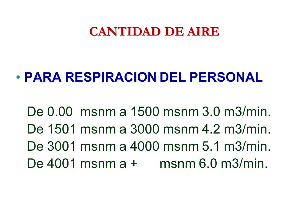 CANTIDAD DE AIRE • PARA RESPIRACION DEL PERSONAL. De 0.00 msnm a 1500 msnm 3.0 m3/min. De 1501 msnm a 3000 msnm 4.2 m3/min.