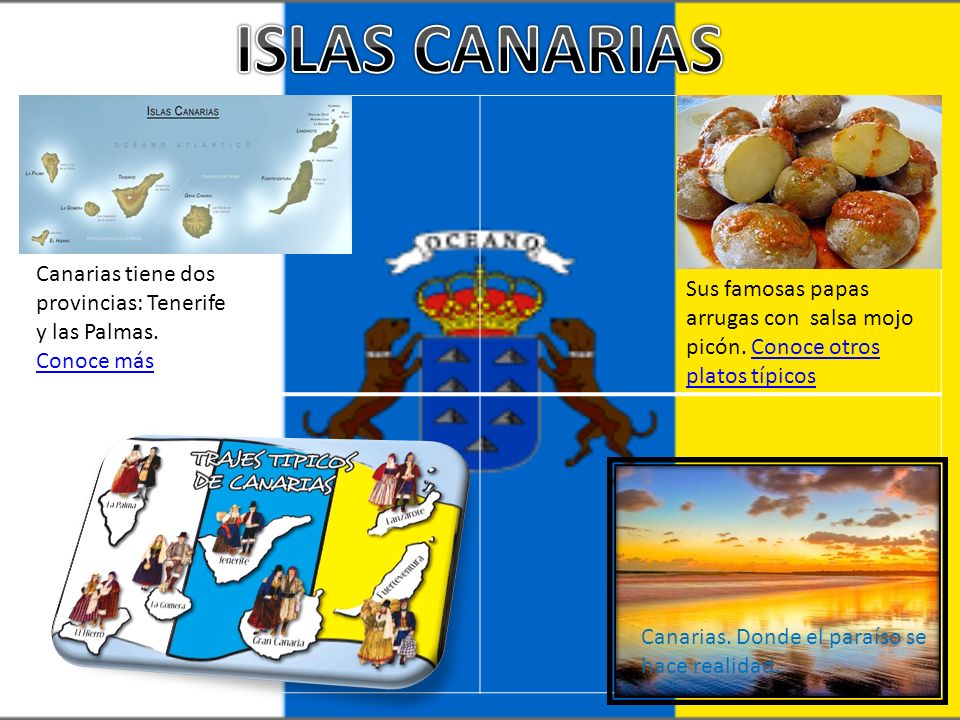 ISLAS CANARIAS Canarias tiene dos provincias: Tenerife y las Palmas. Conoce más.