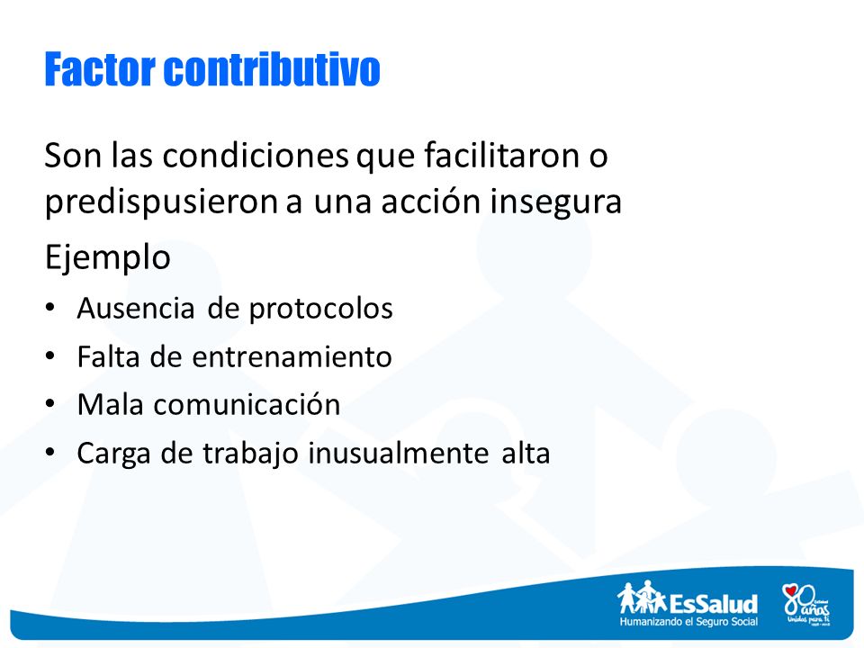 Factor contributivo Son las condiciones que facilitaron o predispusieron a una acción insegura. Ejemplo.