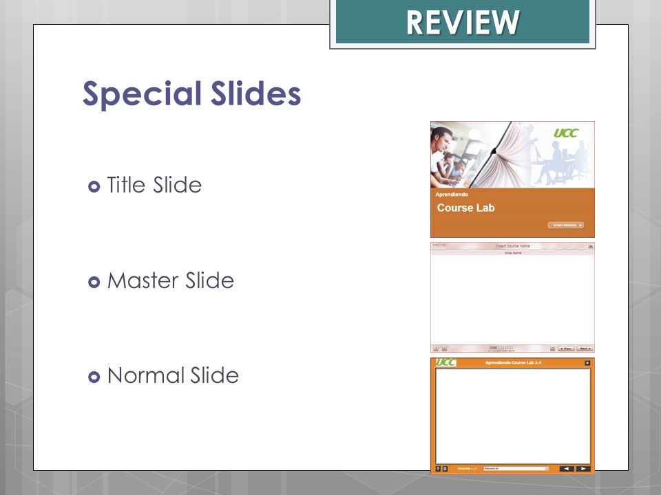 REVIEW Special Slides Title Slide Master Slide Normal Slide
