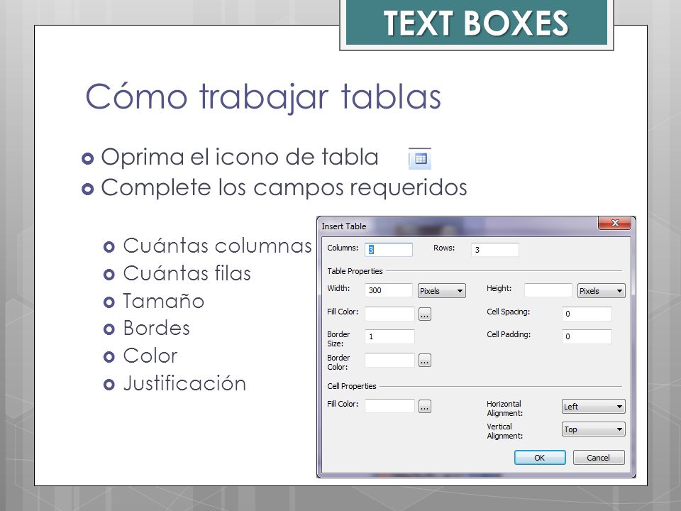TEXT BOXES Cómo trabajar tablas Oprima el icono de tabla