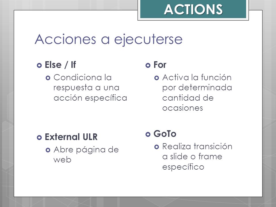 ACTIONS Acciones a ejecuterse Else / If External ULR For GoTo