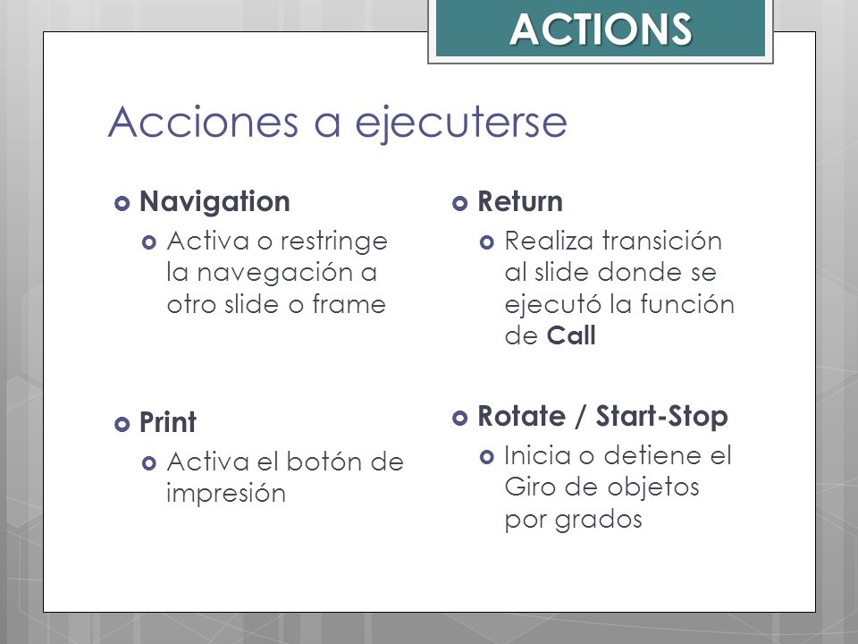 ACTIONS Acciones a ejecuterse Navigation Print Return