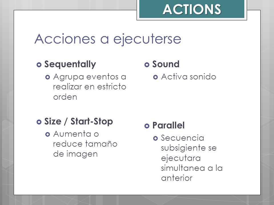 ACTIONS Acciones a ejecuterse Sequentally Size / Start-Stop Sound