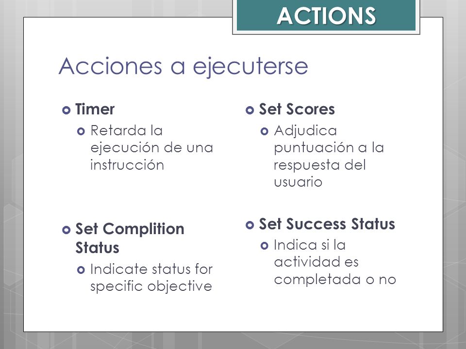 ACTIONS Acciones a ejecuterse Timer Set Complition Status Set Scores