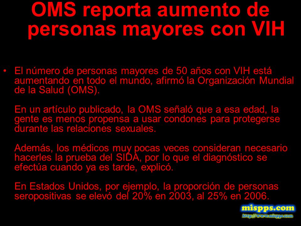 OMS reporta aumento de personas mayores con VIH