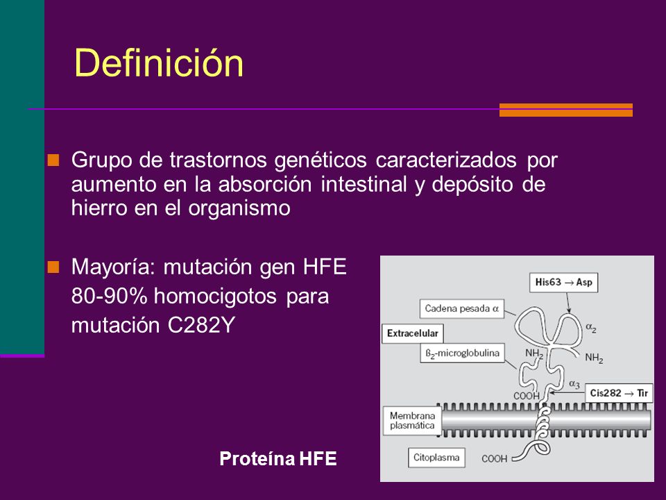 Definición Grupo de trastornos genéticos caracterizados por aumento en la absorción intestinal y depósito de hierro en el organismo.
