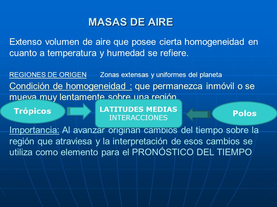 MASAS DE AIRE Extenso volumen de aire que posee cierta homogeneidad en cuanto a temperatura y humedad se refiere.