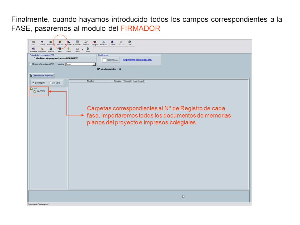 Finalmente, cuando hayamos introducido todos los campos correspondientes a la FASE, pasaremos al modulo del FIRMADOR