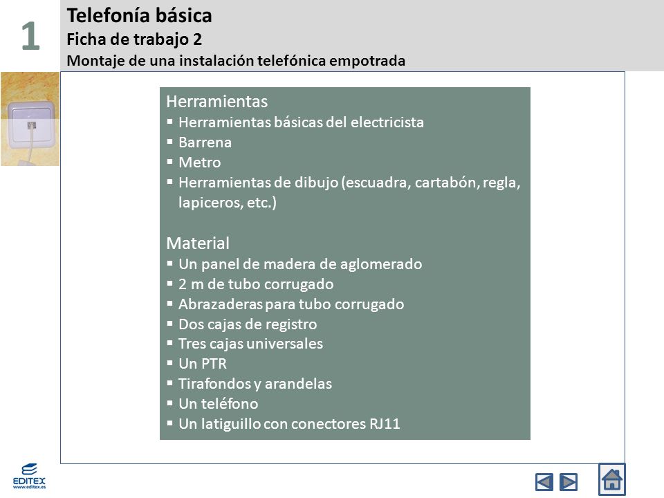 1 Telefonía básica Ficha de trabajo 2 Montaje de una instalación telefónica empotrada. Herramientas.