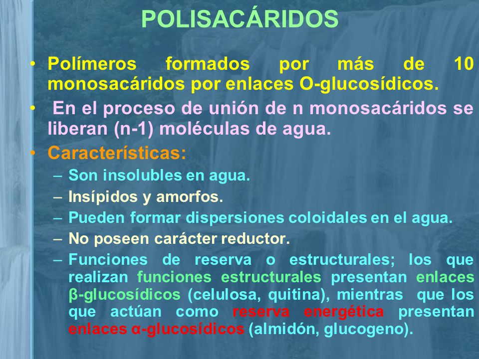 POLISACÁRIDOS Polímeros formados por más de 10 monosacáridos por enlaces O-glucosídicos.