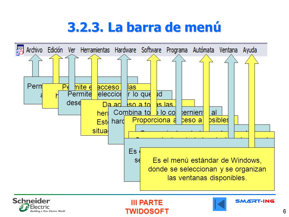 La barra de menú Permite el acceso a las funciones abrir, cerrar, guardar, etc.