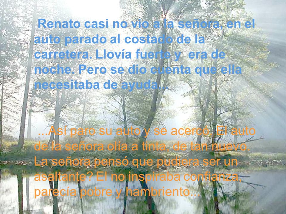 Renato casi no vio a la señora, en el auto parado al costado de la carretera. Llovía fuerte y era de noche. Pero se dio cuenta que ella necesitaba de ayuda...