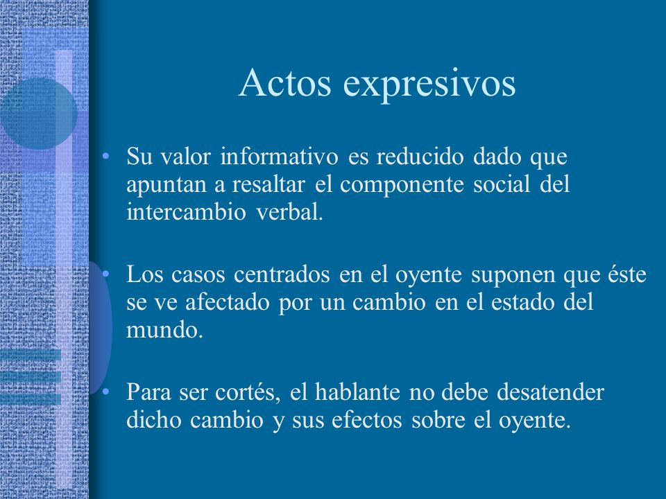 Actos expresivos Su valor informativo es reducido dado que apuntan a resaltar el componente social del intercambio verbal.
