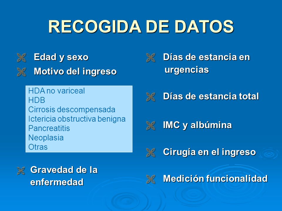 RECOGIDA DE DATOS Edad y sexo Motivo del ingreso Días de estancia en