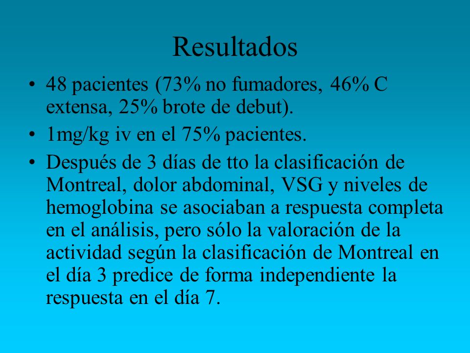 Resultados 48 pacientes (73% no fumadores, 46% C extensa, 25% brote de debut). 1mg/kg iv en el 75% pacientes.