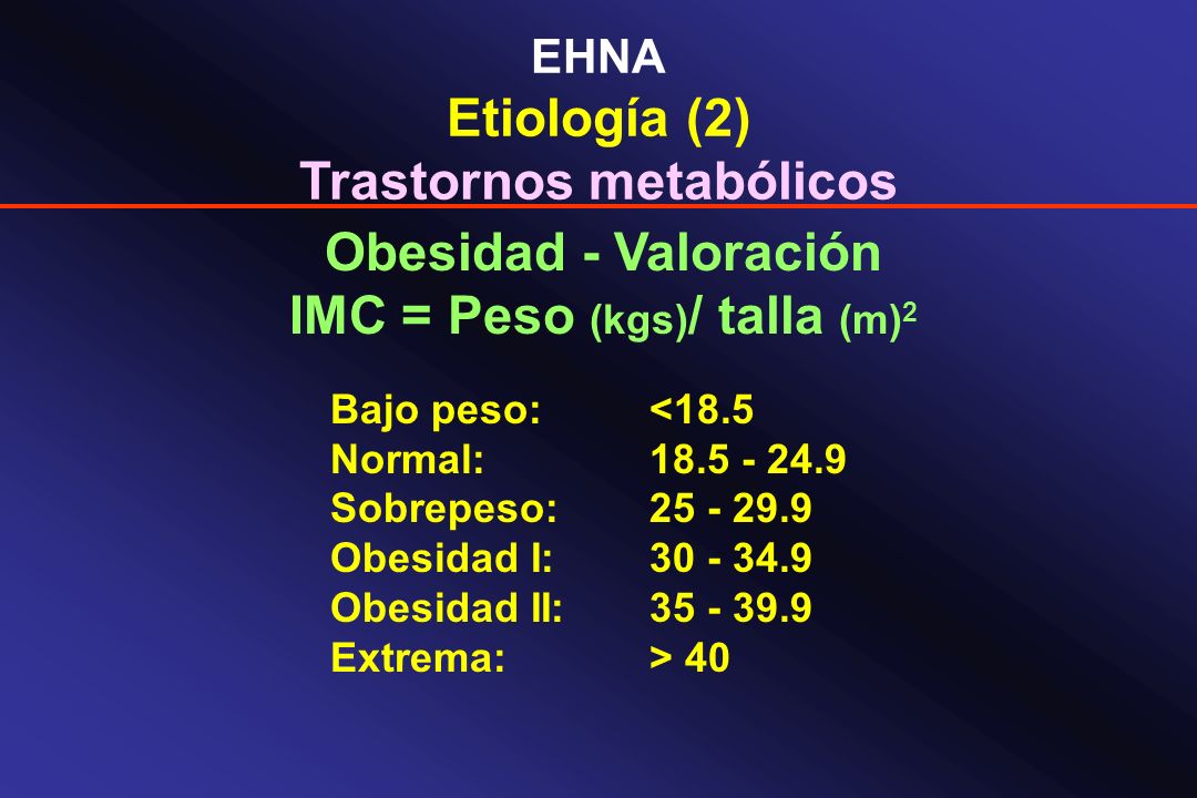 Trastornos metabólicos IMC = Peso (kgs)/ talla (m)2