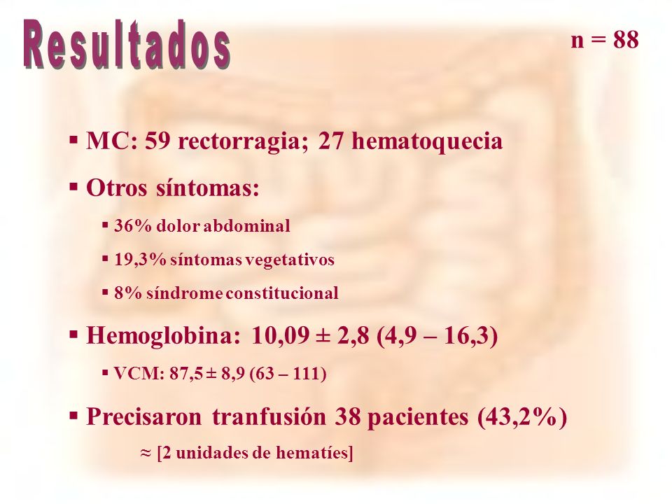 Resultados n = 88 MC: 59 rectorragia; 27 hematoquecia Otros síntomas: