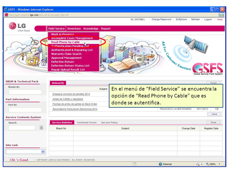 En el menú de Field Service se encuentra la opción de Read Phone by Cable que es donde se autentifica.
