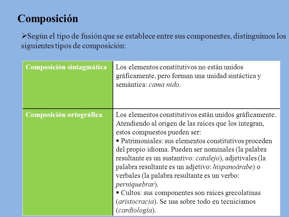 Composición Según el tipo de fusión que se establece entre sus componentes, distinguimos los siguientes tipos de composición: