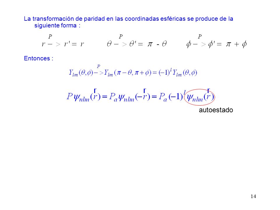 La transformación de paridad en las coordinadas esféricas se produce de la siguiente forma :