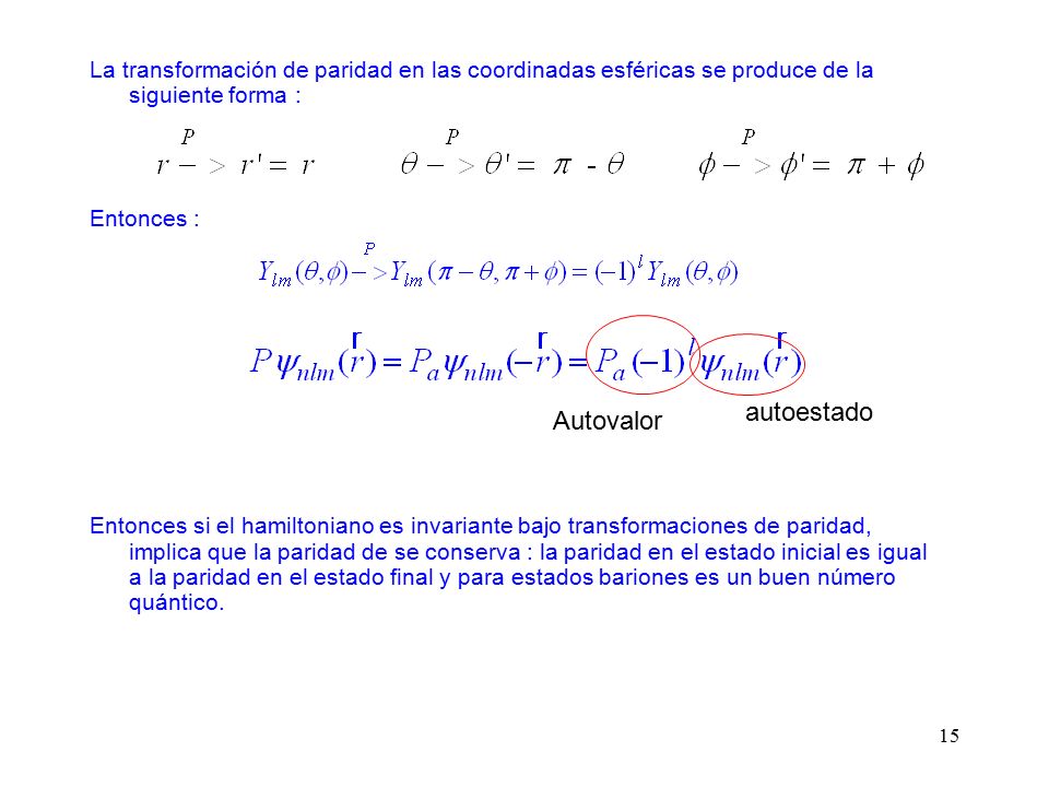 La transformación de paridad en las coordinadas esféricas se produce de la siguiente forma :