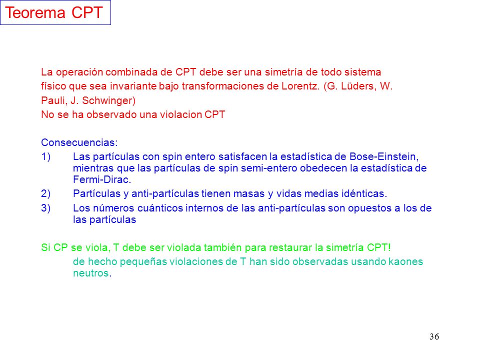 Teorema CPT La operación combinada de CPT debe ser una simetría de todo sistema.