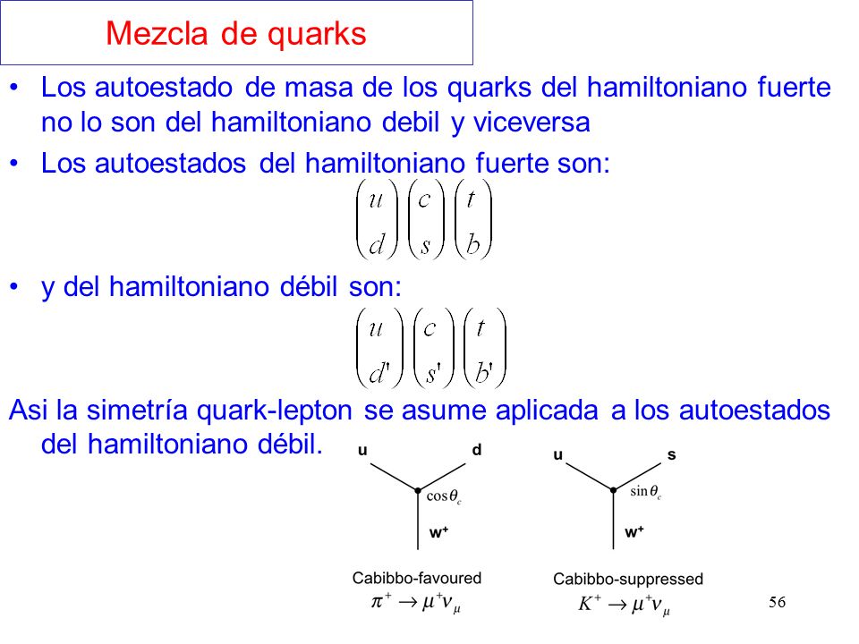 Mezcla de quarks Los autoestado de masa de los quarks del hamiltoniano fuerte no lo son del hamiltoniano debil y viceversa.