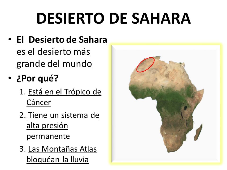 DESIERTO DE SAHARA El Desierto de Sahara es el desierto más grande del mundo. ¿Por qué 1. Está en el Trópico de Cáncer.