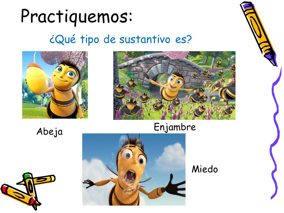 Practiquemos: ¿Qué tipo de sustantivo es Enjambre Abeja Miedo