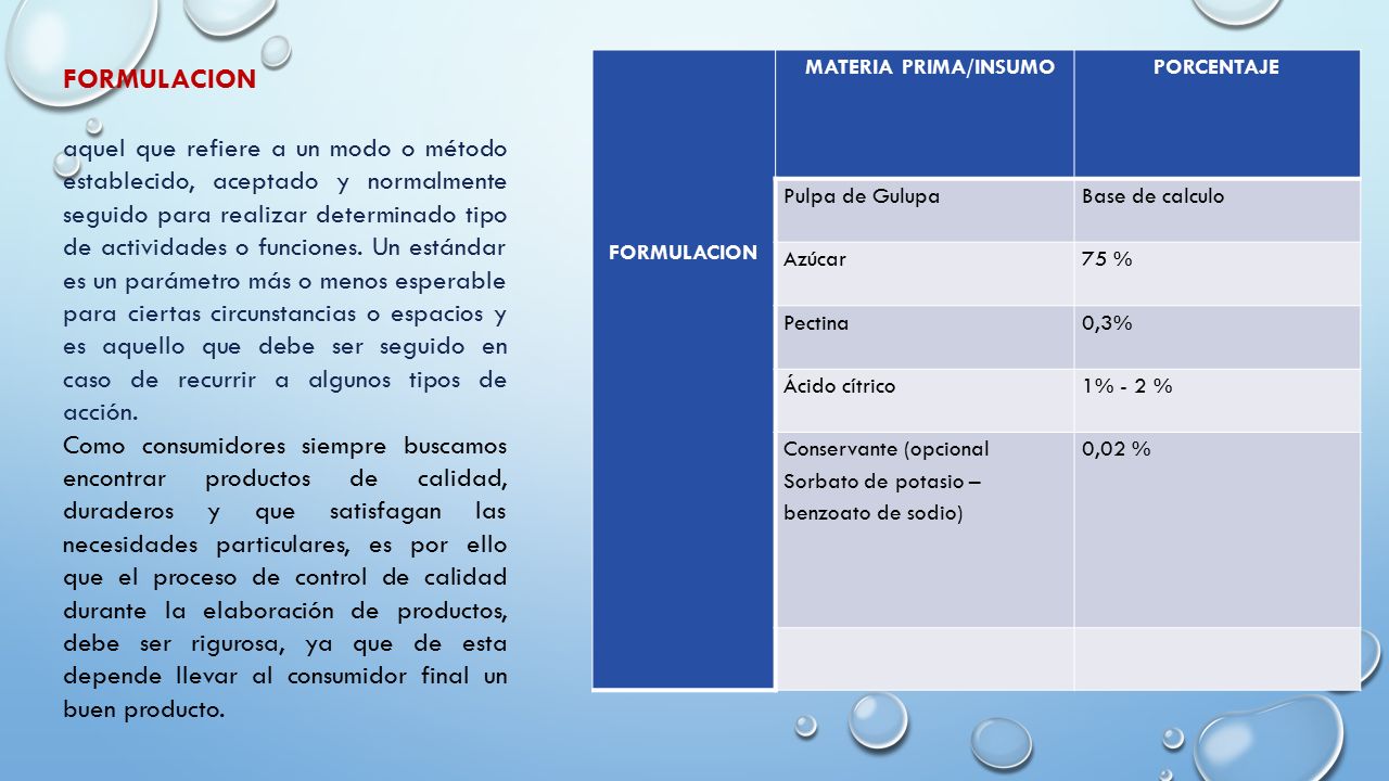 FORMULACION. MATERIA PRIMA/INSUMO. PORCENTAJE. Pulpa de Gulupa. Base de calculo. Azúcar. 75 %