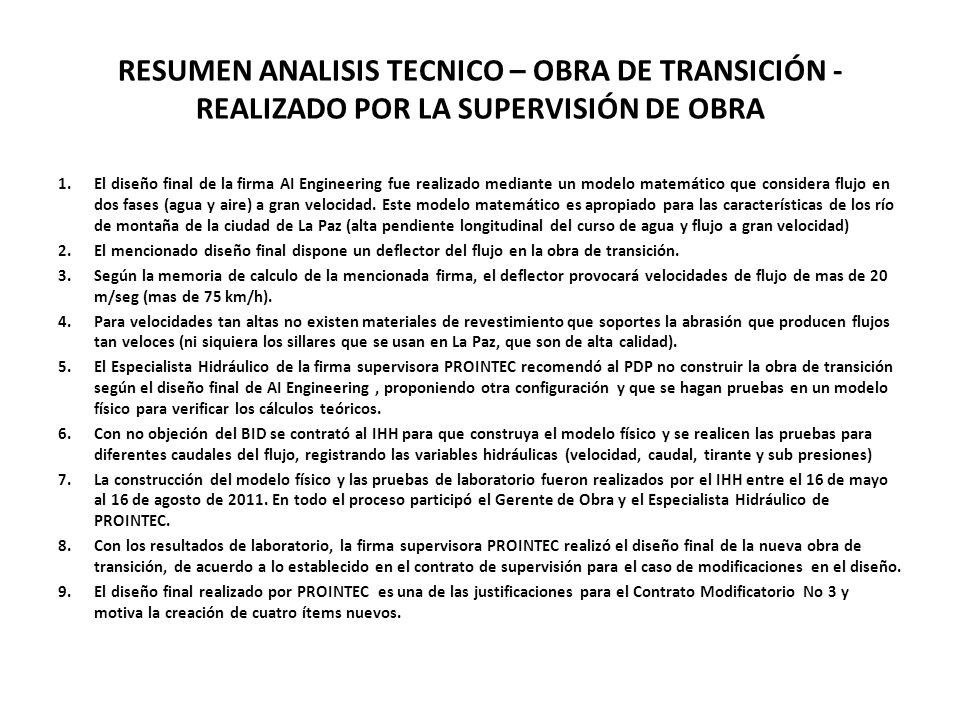 RESUMEN ANALISIS TECNICO – OBRA DE TRANSICIÓN -REALIZADO POR LA SUPERVISIÓN DE OBRA