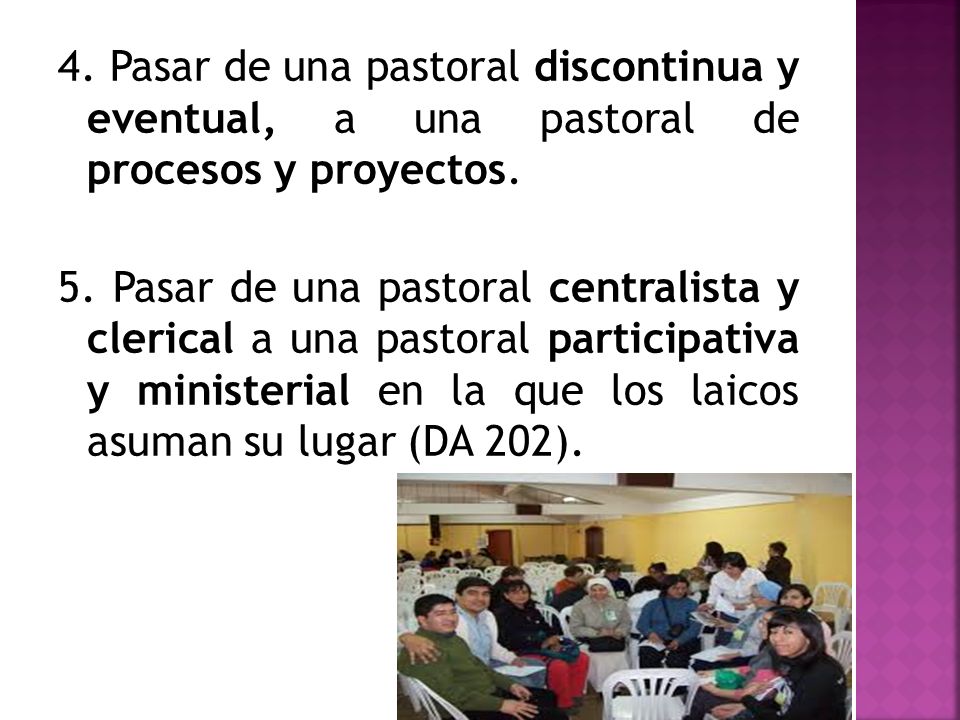 4. Pasar de una pastoral discontinua y eventual, a una pastoral de procesos y proyectos.