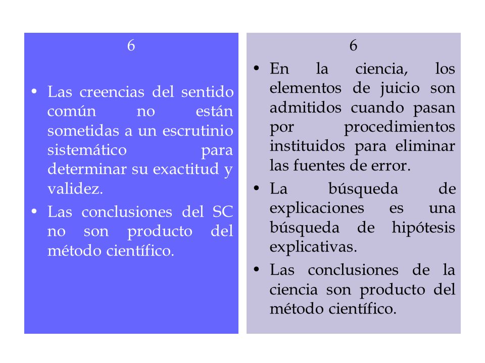 6 Las creencias del sentido común no están sometidas a un escrutinio sistemático para determinar su exactitud y validez.